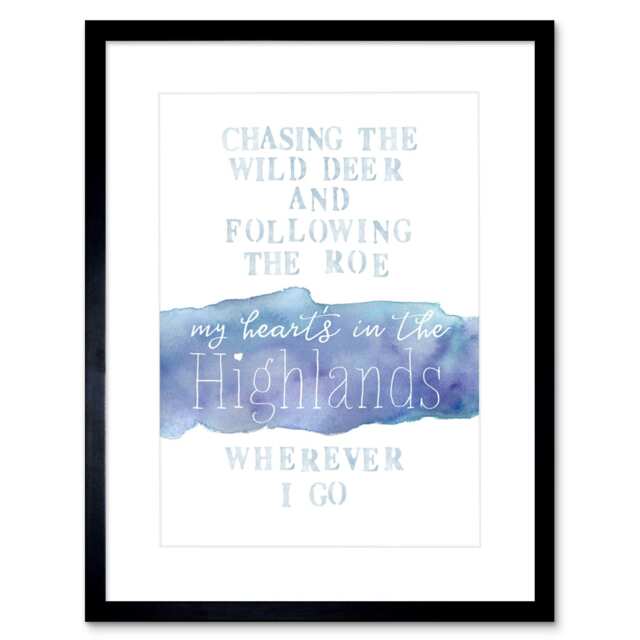 "Hearts Highlands Scotland Burns Lyrics Watercolour 9x7"" Black Framed Wall Art Print"