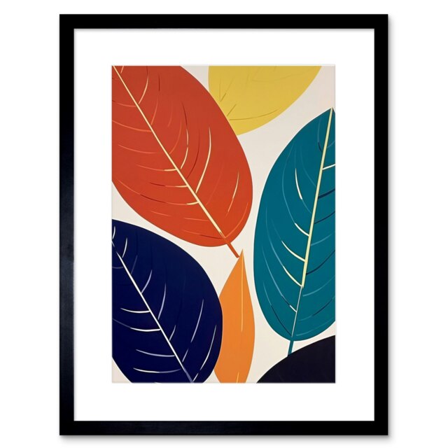 "Matisse Style Leaves Painting Blue Yellow Orange Modern 9x7"" Black Framed Wall Art Print"