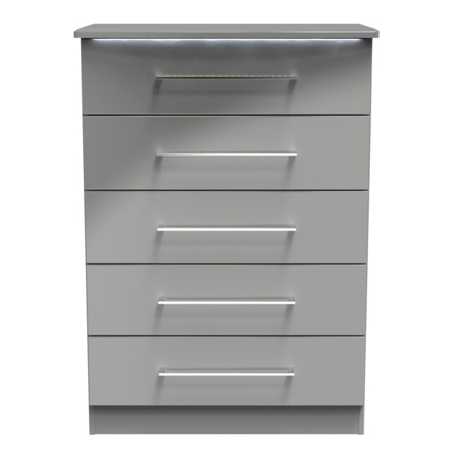 Lyon 5 Drawer Chest of Drawers in Grey Gloss & Dusk Grey (Ready Assembled) Grey Grey Gloss & Dusk Grey