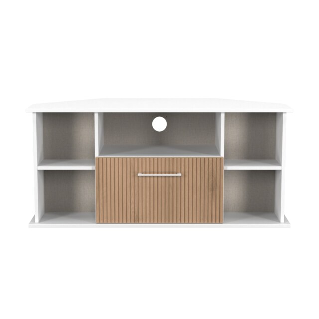 Gloucester Corner TV Stand in Slatted Effect & White (Ready Assembled) White Slatted Effect & White
