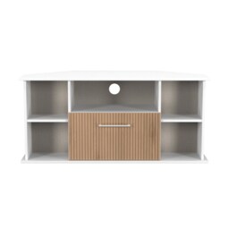 Gloucester Corner TV Stand in Slatted Effect & White (Ready Assembled) White Slatted Effect & White