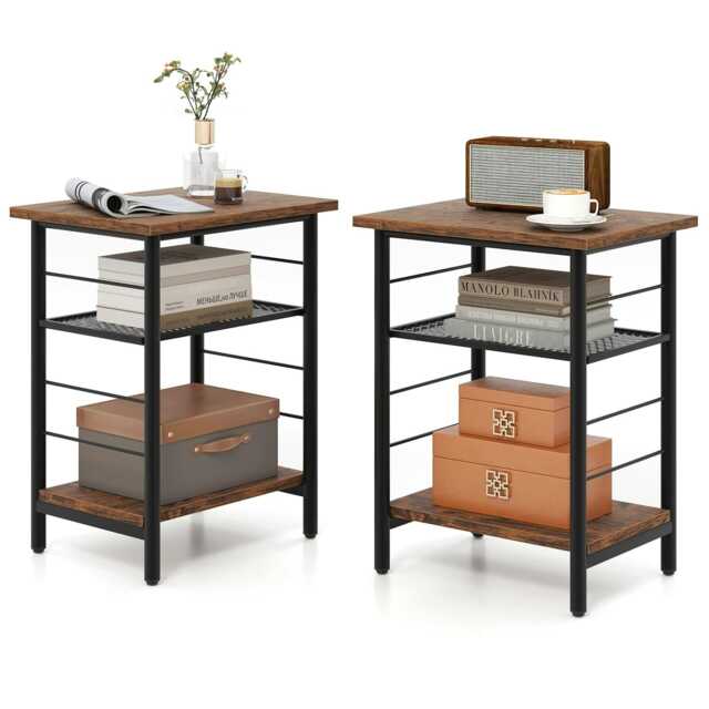 COSTWAY 2PCS End Table Height Adjustable 3-Tier Side Table Brown