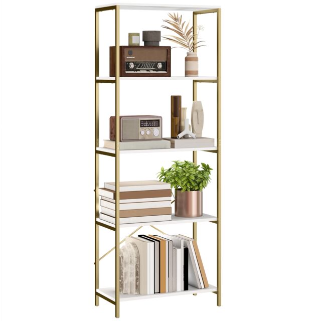 HOMCOM Modern Bookshelf, Freestanding Bookcase, White and Gold Tone White White and Gold Tone