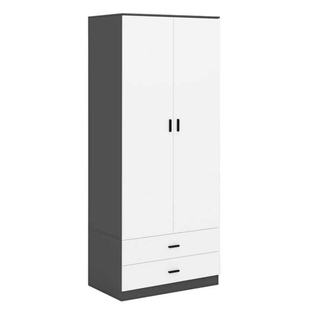 2-Door 2-Drawer Wardrobe with Storage Shelf, and Hanging Space - 180x75x46cm Black Black & White 1