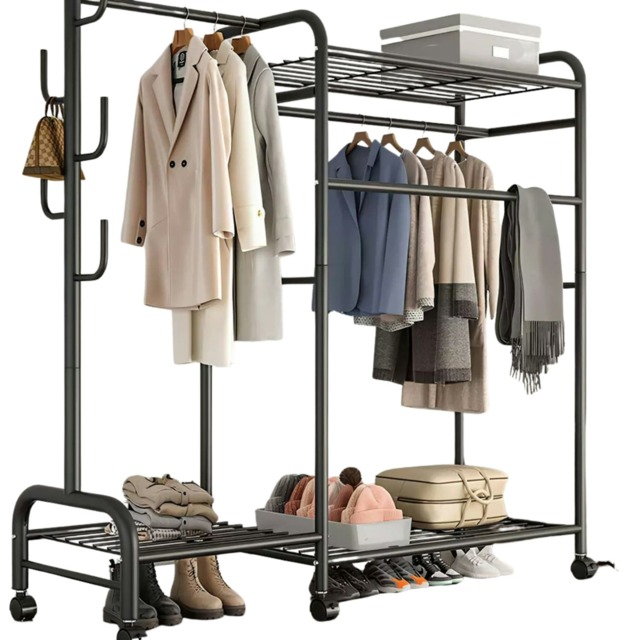 Heavy Duty Metal Clothes Rail Open Wardrobe With Storage Shelves Black Black One Size