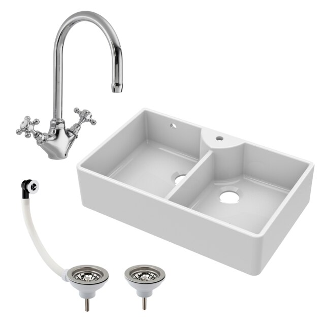Fireclay 895mm Double Bowl Butler Kitchen Sink - With Overflow, Mixer Tap & Wastes - Traditional Ceramic Belfast