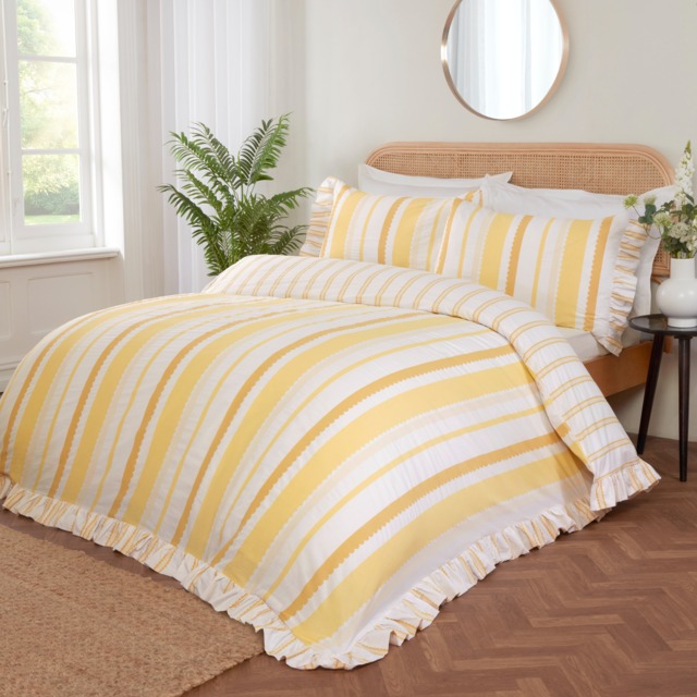 Maya Stripe Polycotton Reversible Duvet Cover Set with Pillowcase Yellow Double