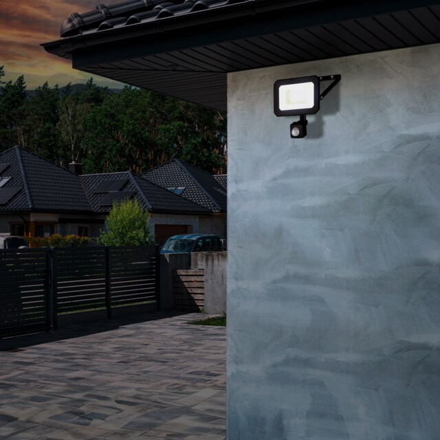 EGLO Basic Risacca-E Black Aluminium & Glass LED Motion Sensor Flood Light, 30W