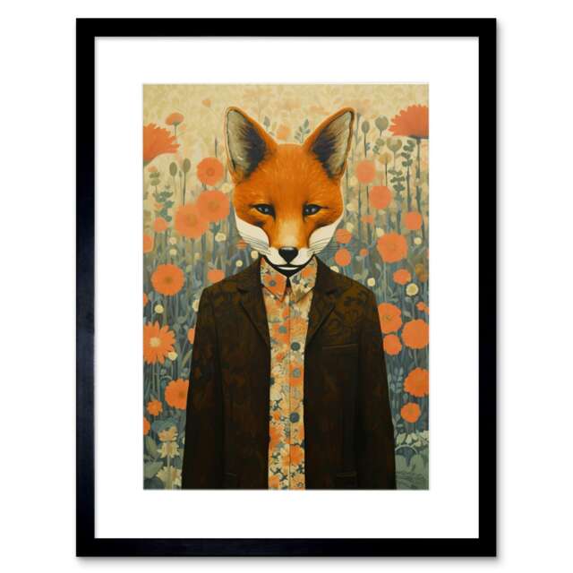 "Floral Portrait of Boho Hipster Fox in a Suit 9x7"" Black Framed Wall Art Print"