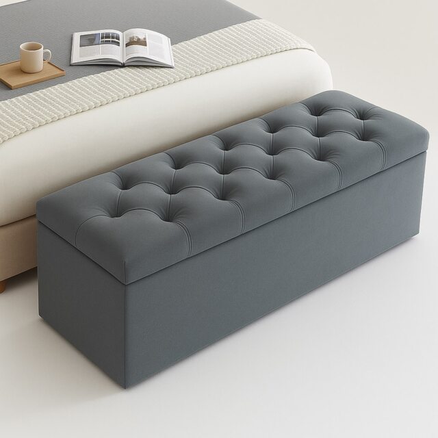 150cm Chesterfield Ottoman Storage Box, Steel Grey Plush Velvet Upholstered Blanket Box, End of Bed Bench, Deep Storage Chest