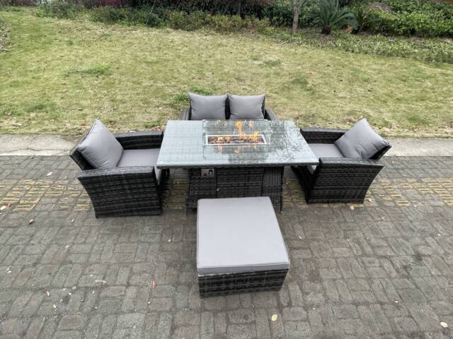 Fimous Rattan Outdoor Furniture Gas Fire Pit Rectangle Dining Table Gas Heater Chairs Two Seater Love Sofa Sets Big Footstools 5 Seater