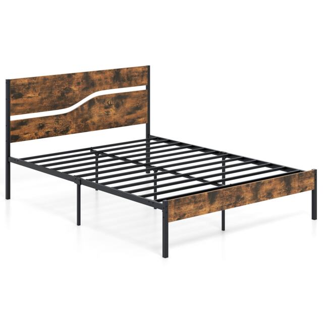 COSTWAY King Metal Bed Frame with Wooden Headboard Brown