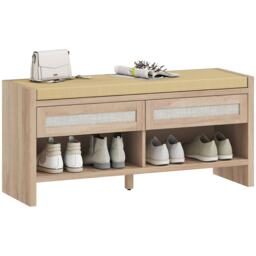 HOMCOM Shoe Bench with 2 Rattan Drawers Cushion Oak Wood Effect