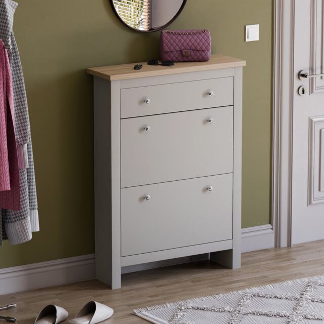 Vida Designs Arlington 2 Door 1 Drawer Shoe Cabinet Shoe Rack Storage Cupboard, Grey & Oak