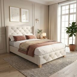 VILUXE 3ft Single Upholstered Bed Frame with Button-Tufted Headboard, Stud Detail, Slats and Wood Legs, Beige Linen, 90 x 190cm