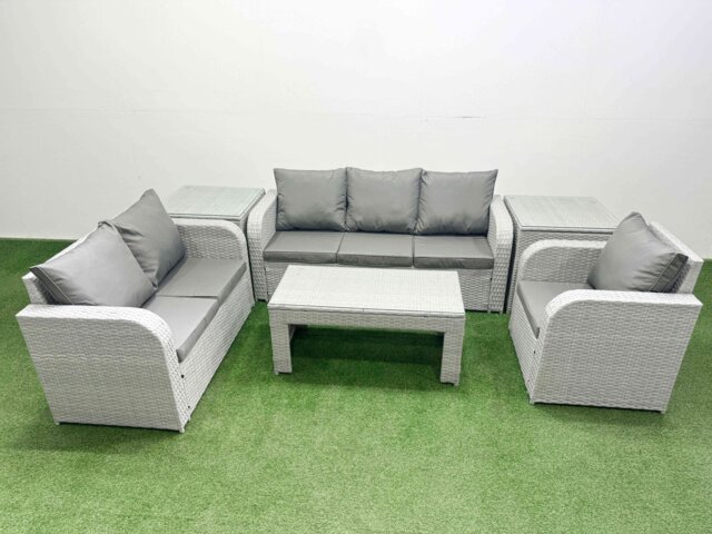 Fimous Patio PE Wicker 6 Seater Outdoor Rattan Furniture Sofa Sets with Oblong Coffee Table Reclining Chair Loveseat Sofa 3 Seater Sofa 2 Side Table Light Grey