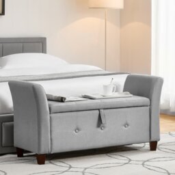 Vida Designs Seville Storage Ottoman Bedroom Hallway Chest Bench, Light Grey Linen Grey Grey