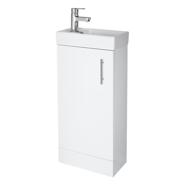 Cloakroom Floor Standing 1 Door Vanity Unit with Basin, 400mm - Gloss White White 1