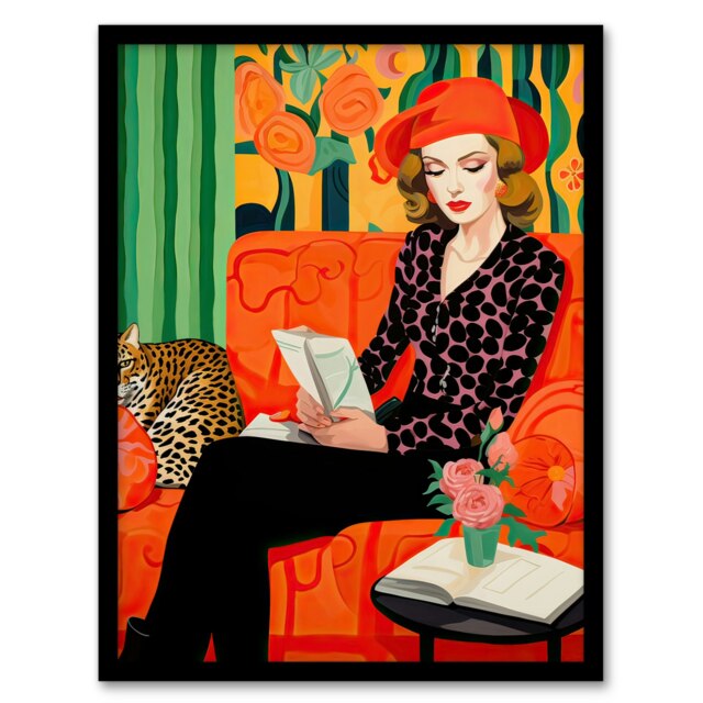Retro Chic Oil Orange Green Leopard Lounge Portrait Black Framed Wall Art Print A4