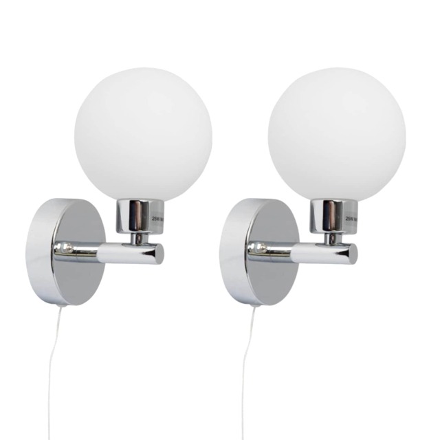 Pair of Polished Chrome IP44 Bathroom Pull Cord Globe Wall Lights Chrome Polished chrome plate and opal glass Small 2