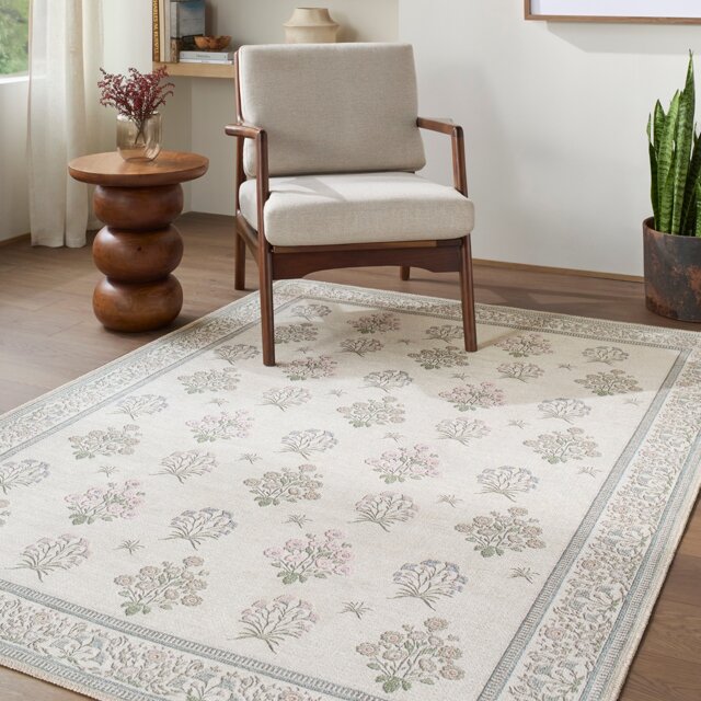 LIVABLISS Thistle-Washable Modern Floral Rug 160 x 220 cm Beige Green Pink Blue
