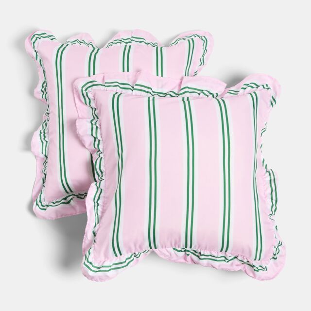 OHS 2 x Double Stripe Faux Linen Frill Cushion Covers