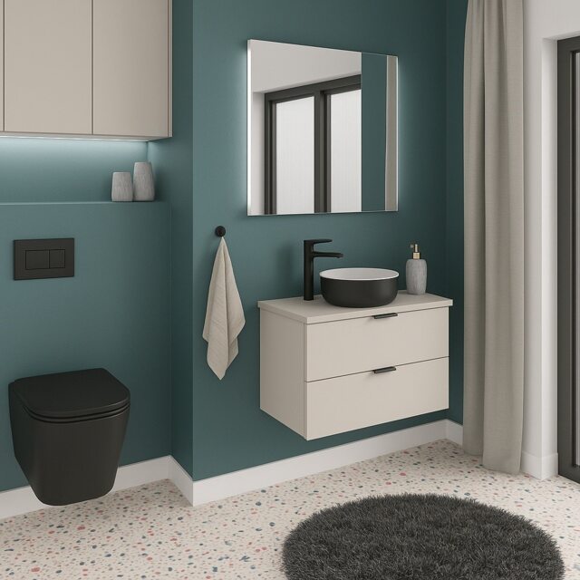 Bathroom Vanity with Sink 600mm Beige Wall Cabinet Worktop Countertop Unit Floating Drawer Storage Black Basin Dalia