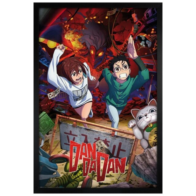 Black Wooden Framed Dan Da Dan Key Art Momo & Okarun Maxi Poster Multi