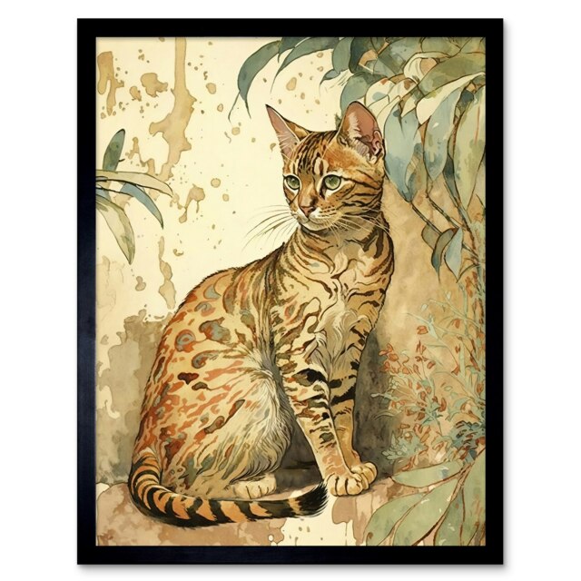 Marble Coat Bengal Cat Perched Street Wall Watercolour Framed Wall Art Print