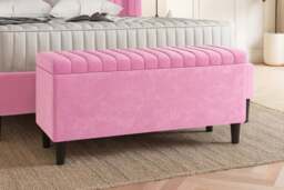 150cm Lined Upholstered Ottoman Storage box - Pink Plush Velvet Blanket Storage Box with Wooden Legs