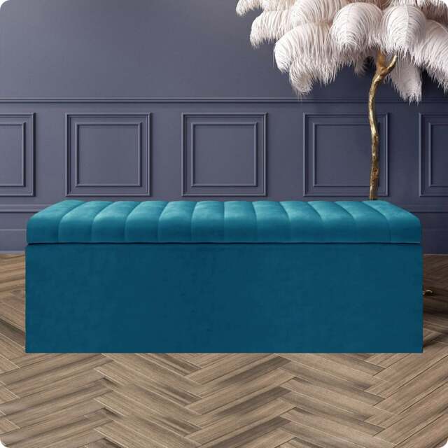120cm Safar Large Striped Storage Ottoman Box, Emerald Green Plush Velvet Upholstered Deep Storage Ottoman End of Bed Bench