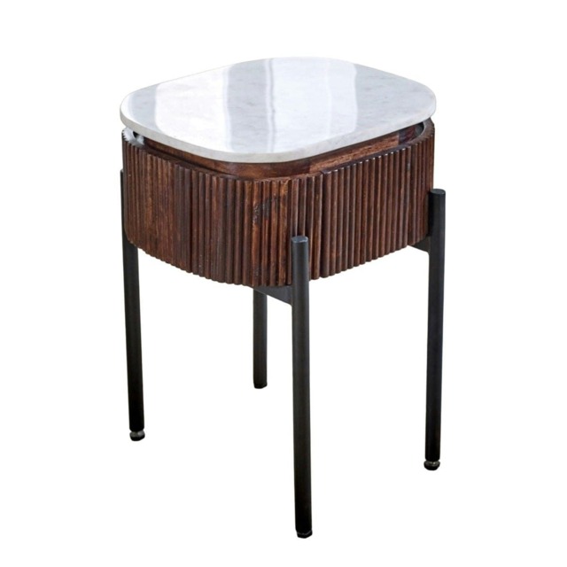 Miel Mango Wood Bedside Table With Marble Top and Metal Legs Brown