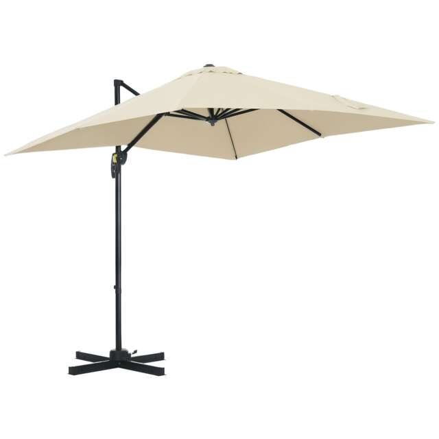 Outsunny 2.5 x 2.5m Patio Offset Parasol Umbrella Cantilever Hanging Aluminium Sun Shade Canopy Shelter with Crank Handle and Cross Base Cream Cream