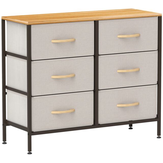 HOMCOM Fabric Chest of Drawers, Industrial Bedroom Dresser with 6 Fabric Drawers, Steel Frame and Wooden Top for Nursery, Living Room, Hallway, Cream White Cream Cream