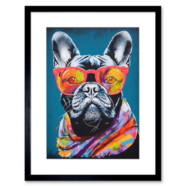 "English Bulldog Neon Bandana Sunglasses 9x7"" Black Framed Wall Art Print"