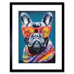 "English Bulldog Neon Bandana Sunglasses 9x7"" Black Framed Wall Art Print"