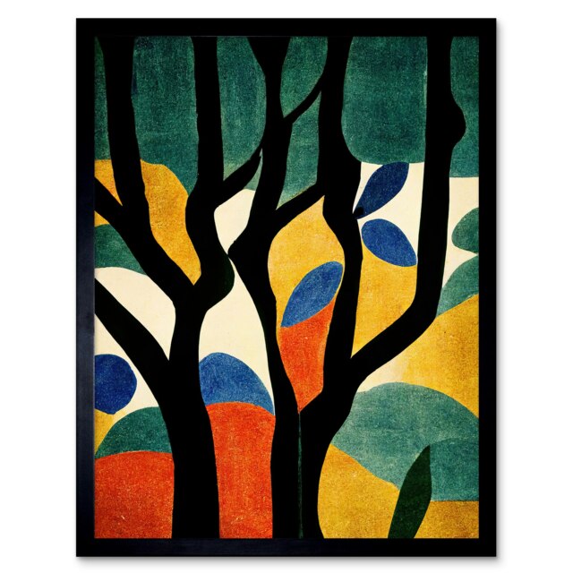 Simple Autumn Trees Orange Minimalist Matisse Style Framed Wall Art Print