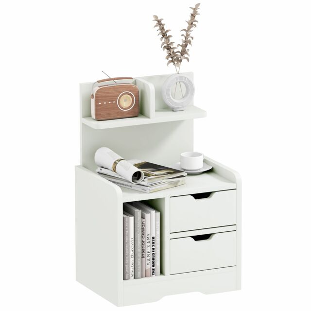 HOMCOM Bedside Table, Small Bedside Cabinet with 2 Drawers and Storage Shelves, Modern Nightstand for Bedroom, White