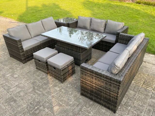 Fimous 11 Seater Outdoor Rattan Sofa Set Lounge Adjustable Rising Lifting Side Tables Chairs Footstool Dark Grey Mixed