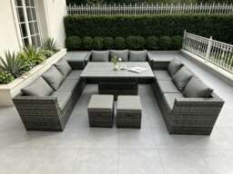 Fimous 11 Seater Outdoor Rattan Sofa Set Lounge Adjustable Rising Lifting Side Tables Chairs Footstool Dark Grey Mixed