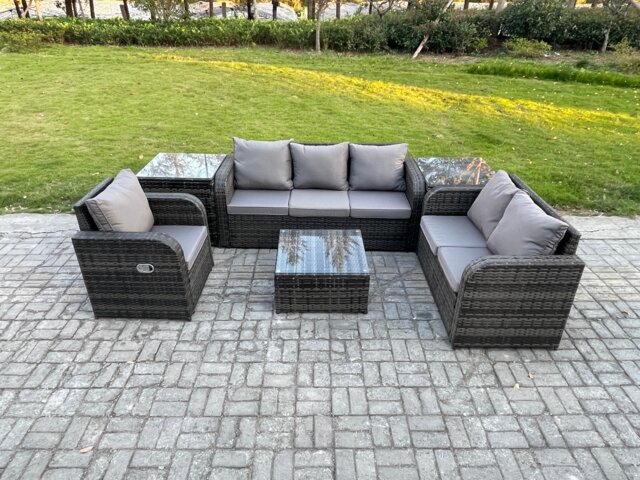 Fimous Rattan Garden Furniture 6 Piece Patio Set With Table Sofa Square Coffee Table Reclining Chair Loveseat sofa 2 Side Tables