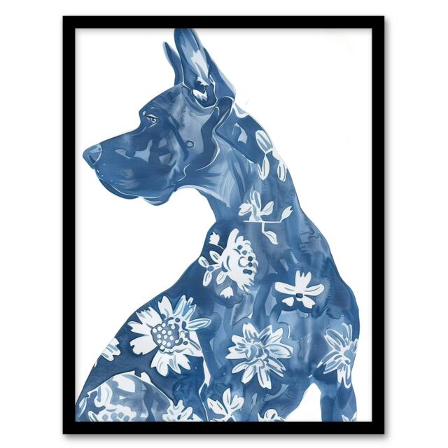Dog Lover Blue Great Dane with Floral Pattern Black Framed Wall Art Print A4