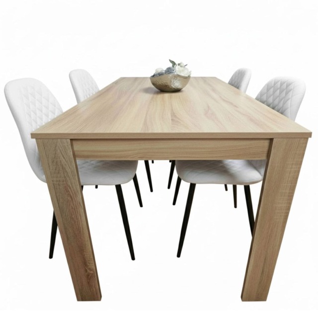 Wooden Dining Table with 4 white Gem Patterned Chairs Oak Effect Table with white Chairs