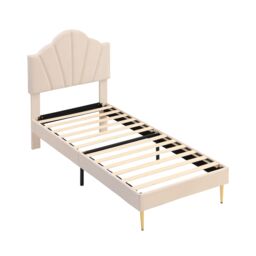 Abrihome Velvet Upholstered Single Bed 90x190cm – Shell-Shaped Design, Gold Metal Legs, Adjustable Headboard & Wood Slatted Frame, Beige