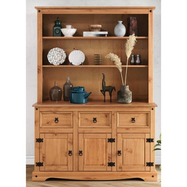 Mercers Furniture Corona 3 Door 3 Drawer Dresser Sideboard Open Kitchen Storage Cabinet Solid Wood Pine Wooden with Mexican Styling