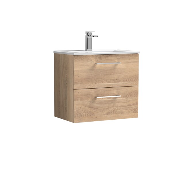 Balterley Contemporary Bathroom 2 Soft Close Drawer & Minimalist Wall Hung Vanity Unit Basin Brown Bleached Oak 558 x 600 x 390mm