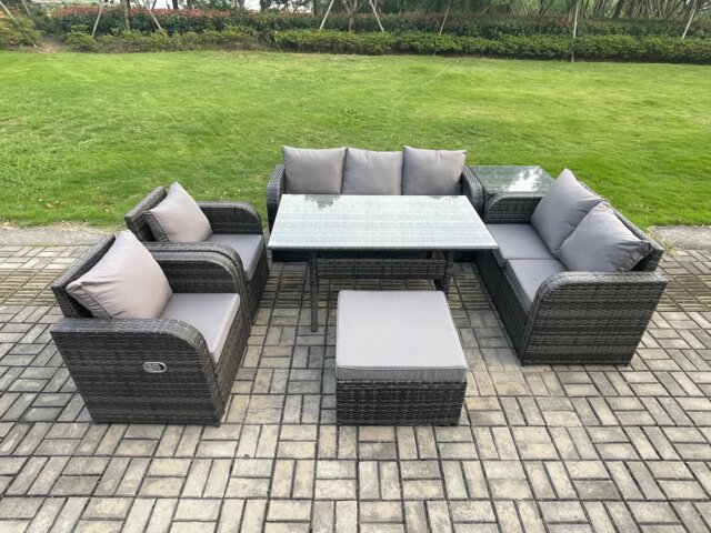 Fimous Dark Grey PE Wicker Rattan Garden Furniture Set Reclining Chair Love Sofa 2 Seater Sofa Set Outdoor Rectangular Dining Table Big Stools Side Table 8 Seater