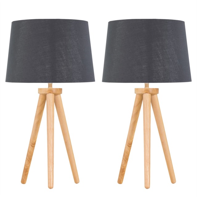 Set of 2 Light Oak Table Lamp or Bedside Lights with Grey Silver Shade Brown Grey Large 2