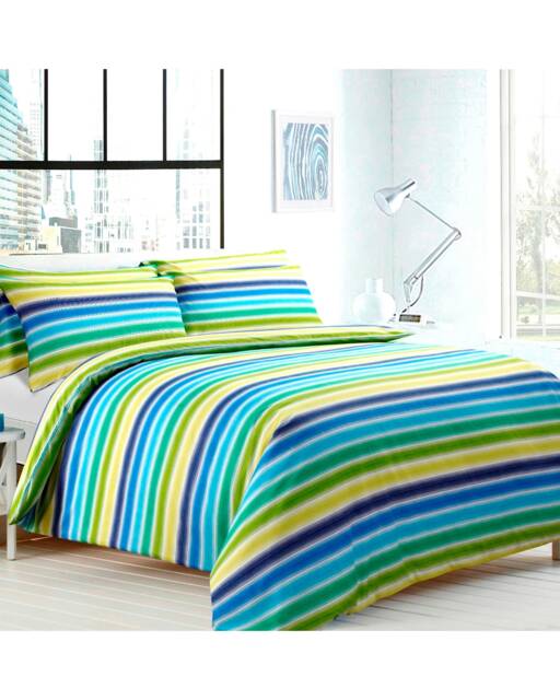 Velosso Stripes Printed Cotton Blend Blue Duvet Cover and Pillowcase Set Blue King