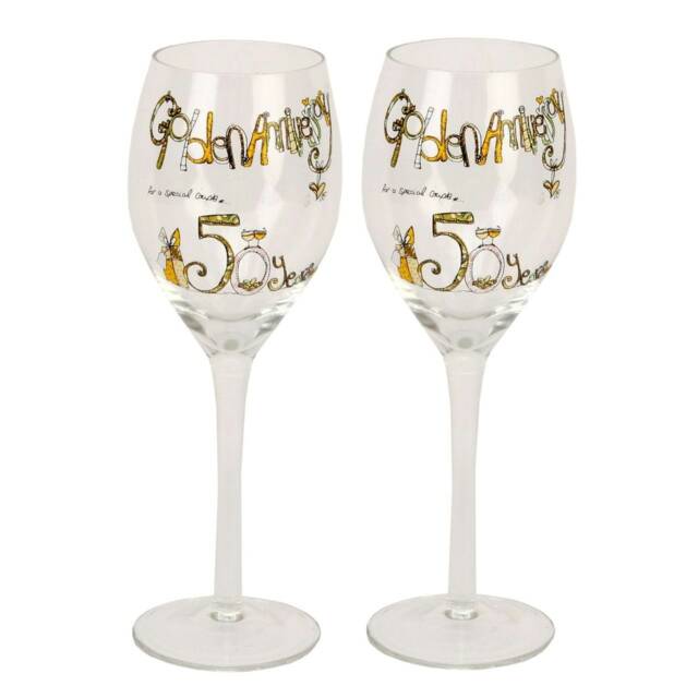 Tracey Russell Pair Wine Glasses 50th Anniversary